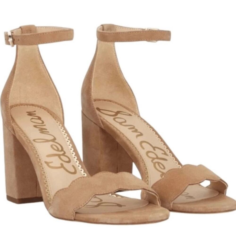 Sam Edelman Odila Scalloped Suede Chinky Heel Sandals Beige Sz 10.5